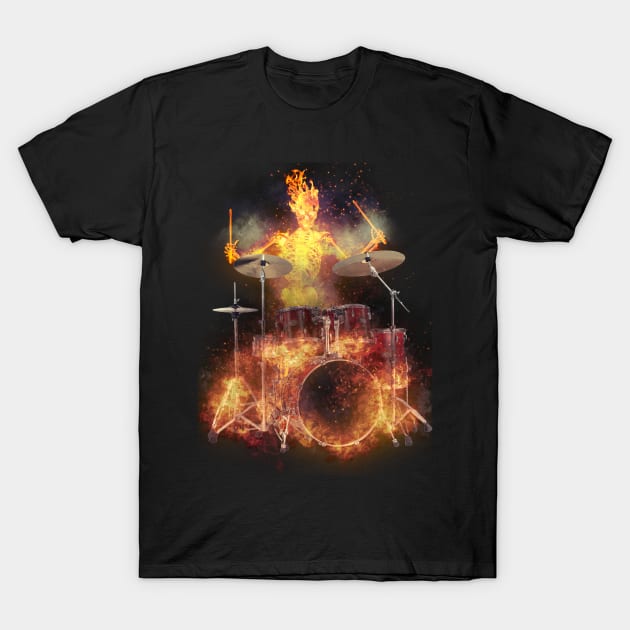 Flaming Skeleton Drummer Set 1 T-Shirt by Ratherkool